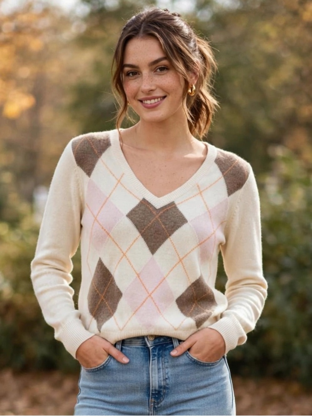 Peck & Peck Cashmear Argyle  Sweater Diamond Pattern Cream, Pink & Brown - Small